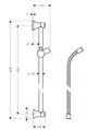 Brausestange von Hansgrohe, vertikal, mit Halterungen und einem flexiblen Brauseschlauch auf der rechten Seite, dargestellt in technischen Zeichnungen.